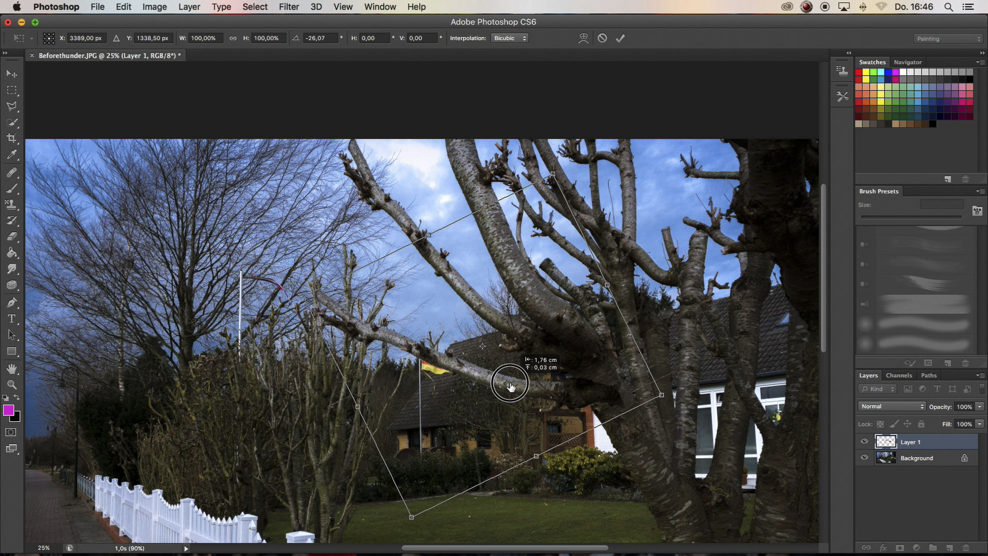 Screen recording of Photoshop: a photo of a suburban street with bare trees, a white picket fence and a flag is being retouched with a brush tool. Angels Tutorial (2018) by Nickii Schamborski.