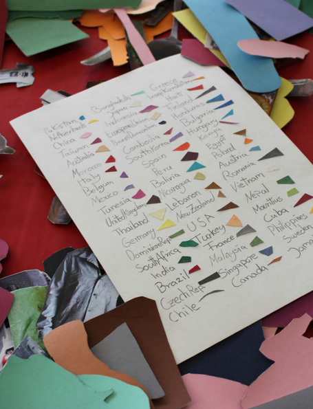 A handwritten list of countries with a colour code of small paper triangles, lying among cut-out coloured paper shapes. Entangled Responsibility (2016) by Nickii Schamborski.