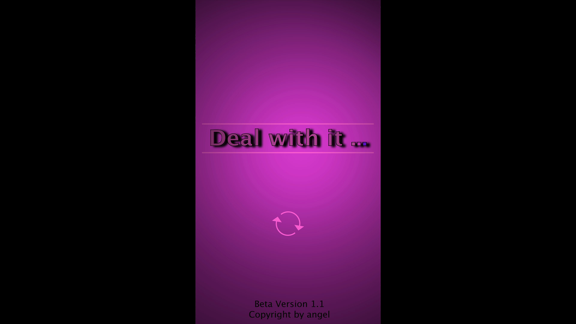 Vertical app screen in magenta with the words 'Deal with it …' and a loading icon; below, 'Beta Version 1.1'. Testing Trixi (2020) by Nickii Schamborski.