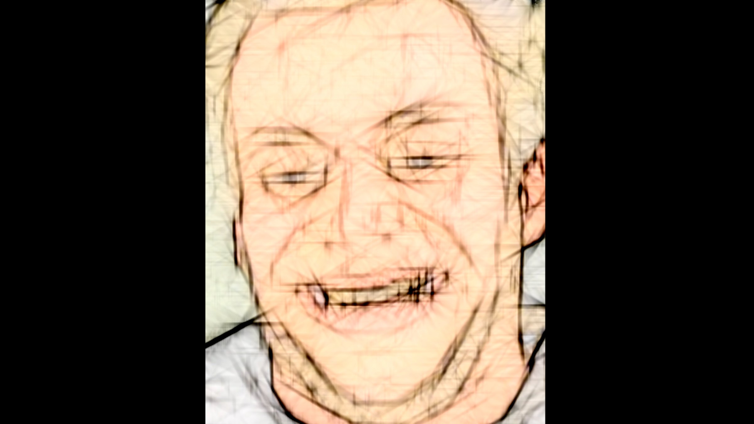 Video still: a grimacing face with clenched teeth, rendered as a sketch-like outline drawing in pale colours. Among Us / Unter Uns (2021) by Nickii Schamborski.