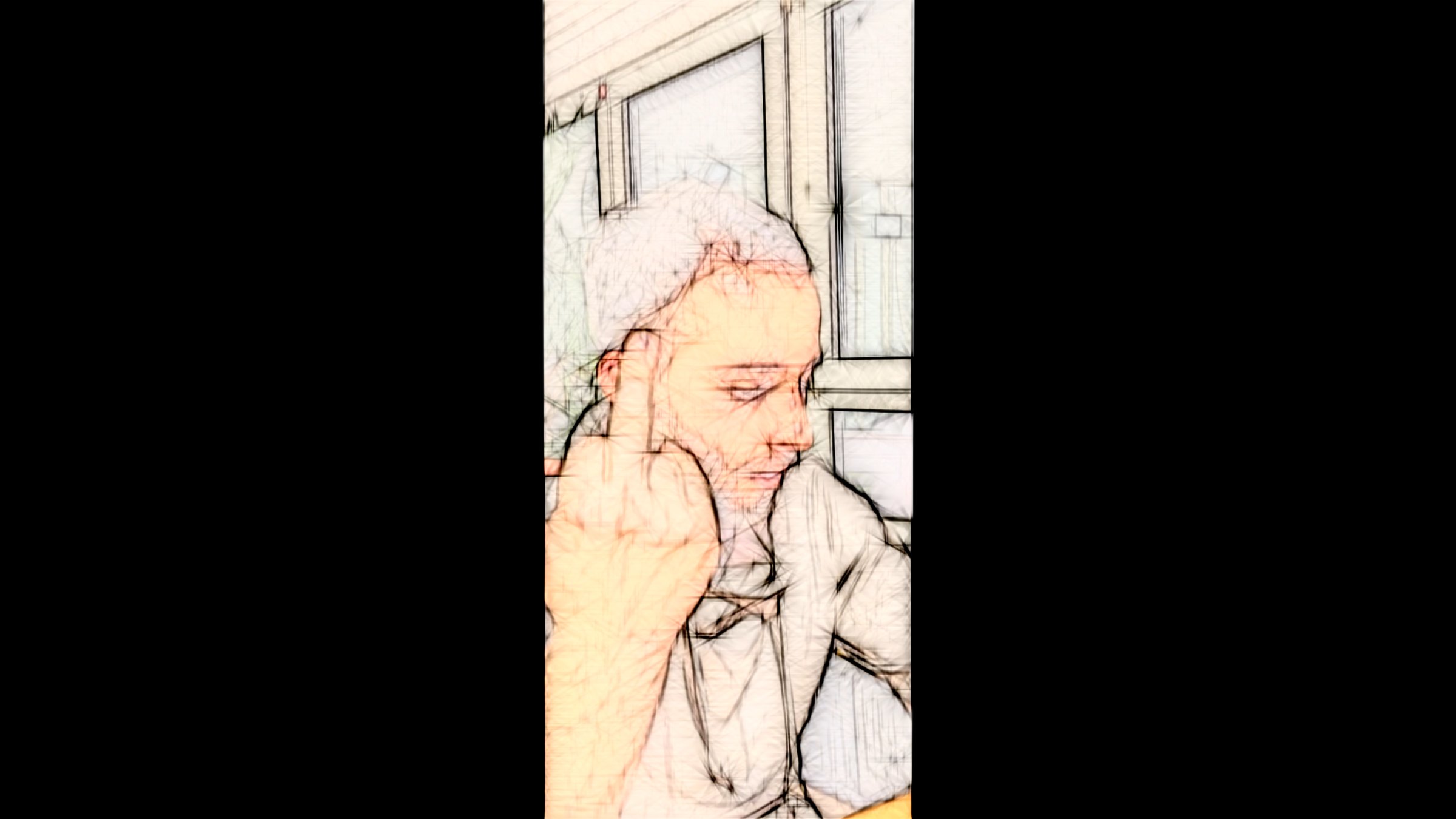 Video still in vertical format: an outlined man shows his middle finger to the camera. Among Us / Unter Uns (2021) by Nickii Schamborski.