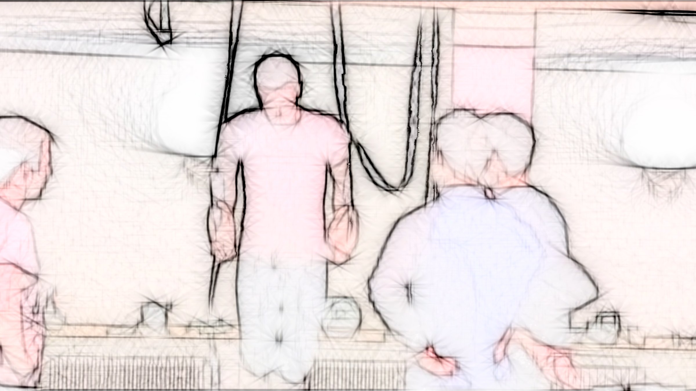 Video still: outlined figures in a gym, a muscular man seen from behind in the centre. Among Us / Unter Uns (2021) by Nickii Schamborski.