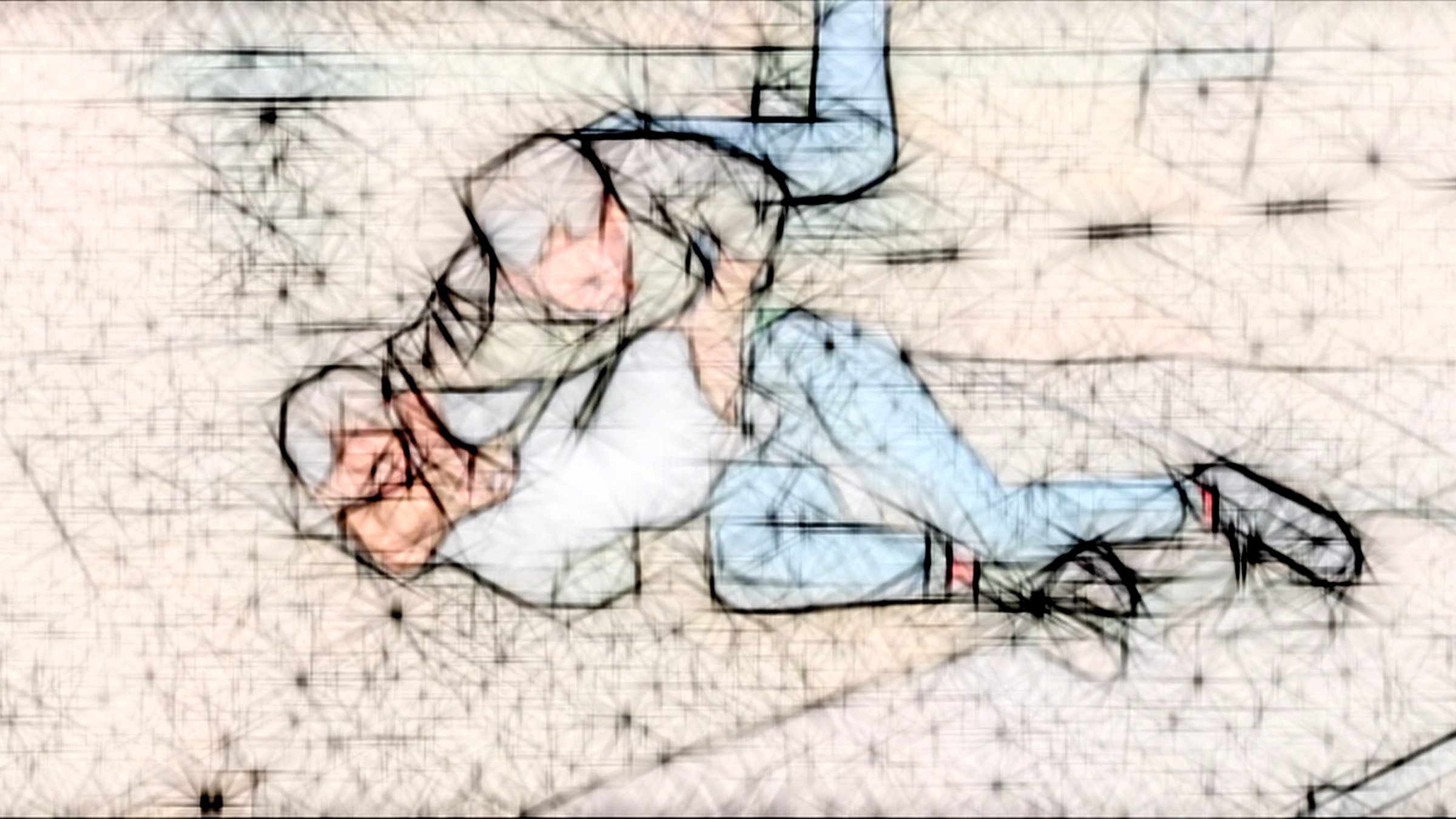 Video still: outline drawing of two people wrestling on the floor. Among Us / Unter Uns (2021) by Nickii Schamborski.