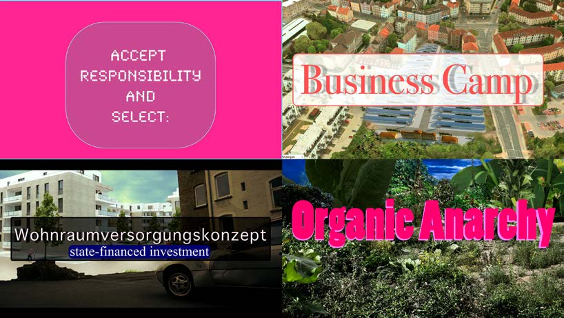 Four-part video still: a pink panel reading 'Accept responsibility and select:', an aerial view labelled 'Business Camp', a new apartment block labelled 'Wohnraumversorgungskonzept, state-financed investment', and greenery labelled 'Organic Anarchy'. Create Your Surrounding! (2017) by Nickii Schamborski.