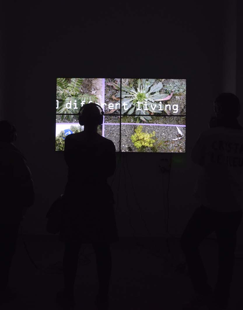 Installation view in a dark room: the silhouette of a visitor in front of four monitors arranged as a video wall. Create Your Surrounding! (2017) by Nickii Schamborski.
