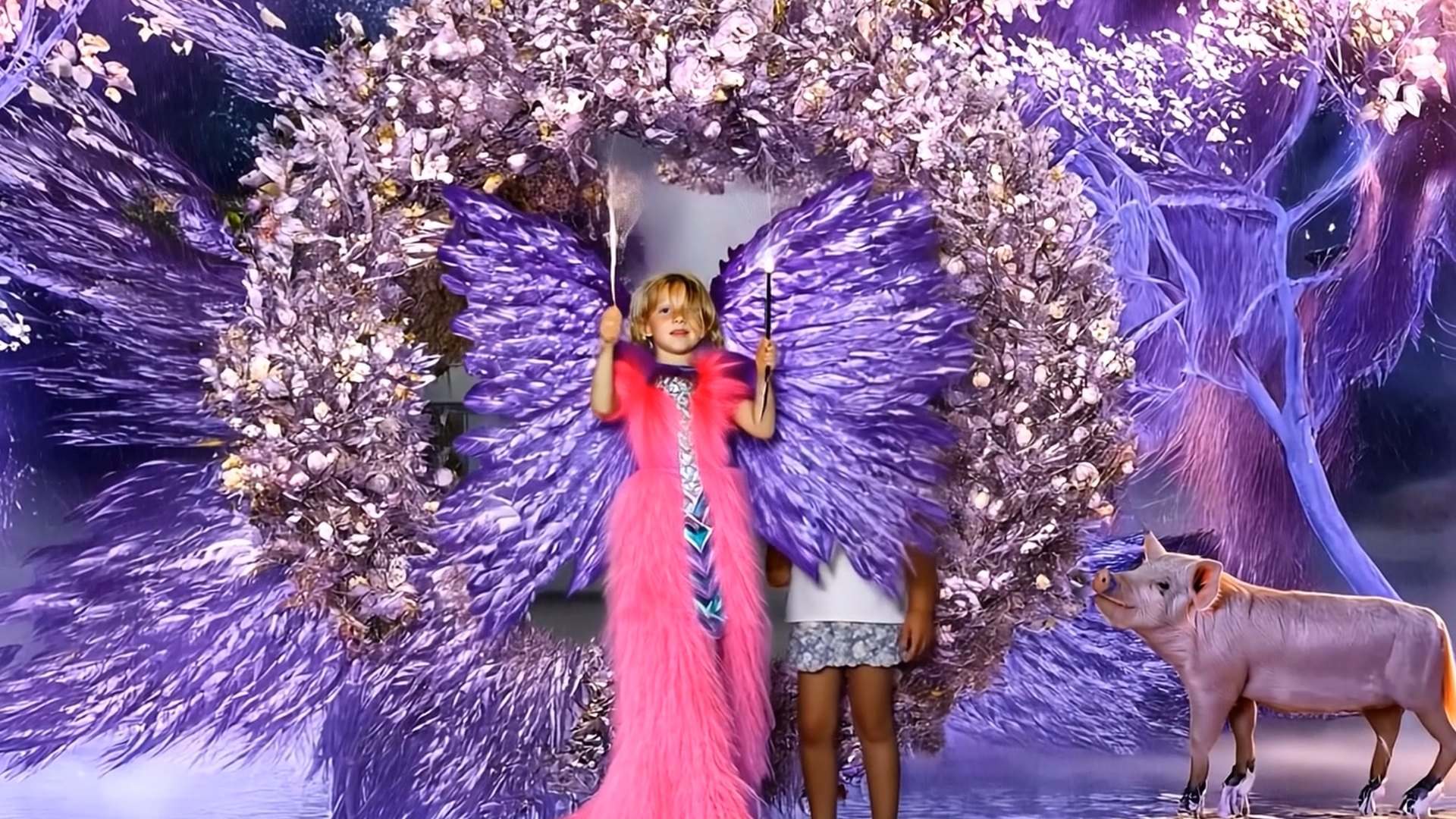 AI-generated image: a child with large purple butterfly wings and a pink feather coat stands under a blossoming arch, a second child beside them and a pig to the right. CyberCindy (2025) by Nickii Schamborski.
