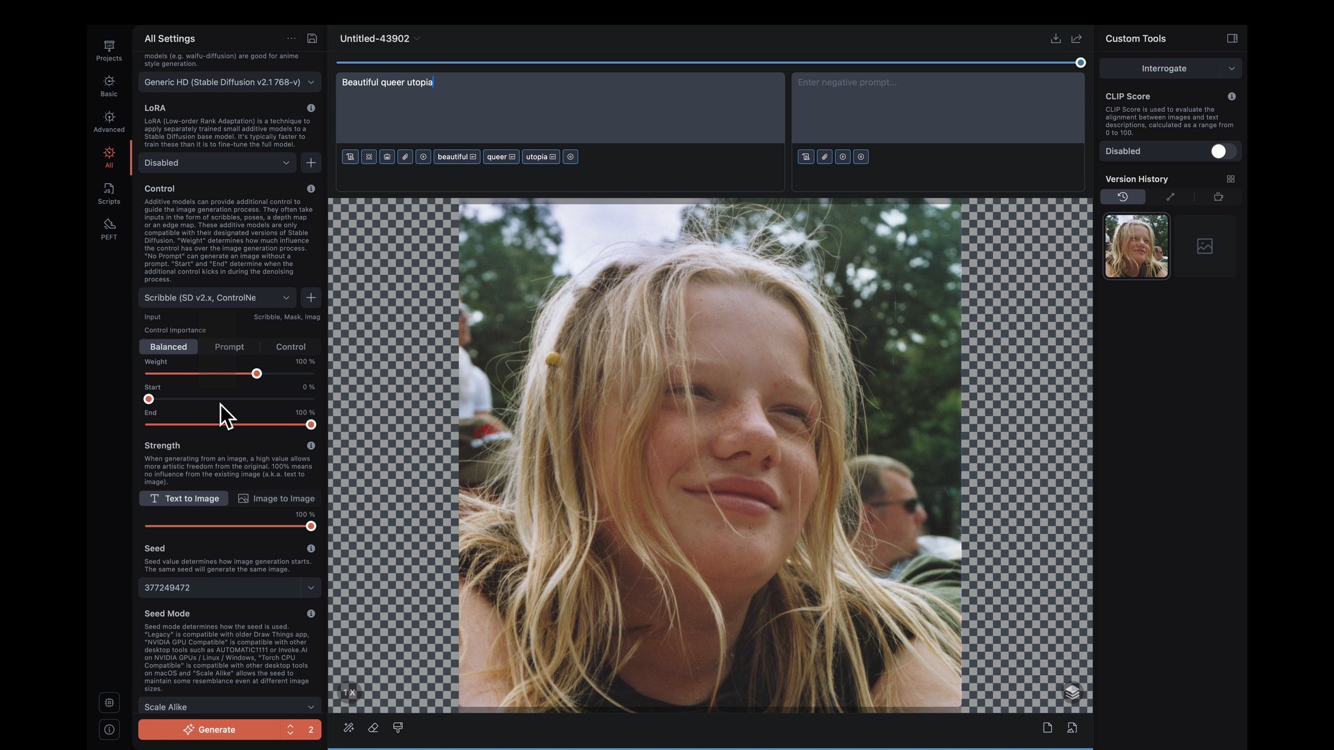 Screen recording of an image generation tool: a childhood portrait of a smiling blond child, surrounded by a transparent area to be filled in, with the prompt 'Beautiful queer utopia'. CyberCindy (2025) by Nickii Schamborski.