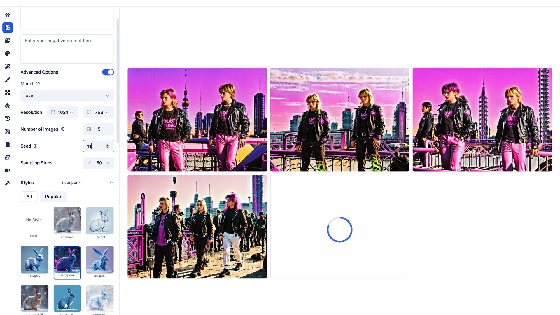 Screen recording of an image generator producing neon-pink images of people in leather jackets and pink trousers in front of a city skyline. CyberCindy (2025) by Nickii Schamborski.