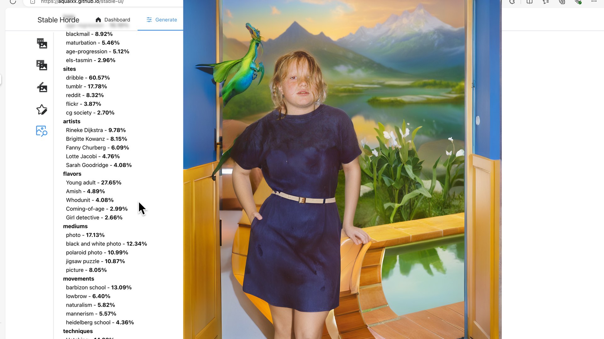 Screen recording: an AI image generator listing style percentages, next to a generated image of a child in a dark blue dress standing in a doorway that opens onto a mountain lake. CyberCindy (2025) by Nickii Schamborski.