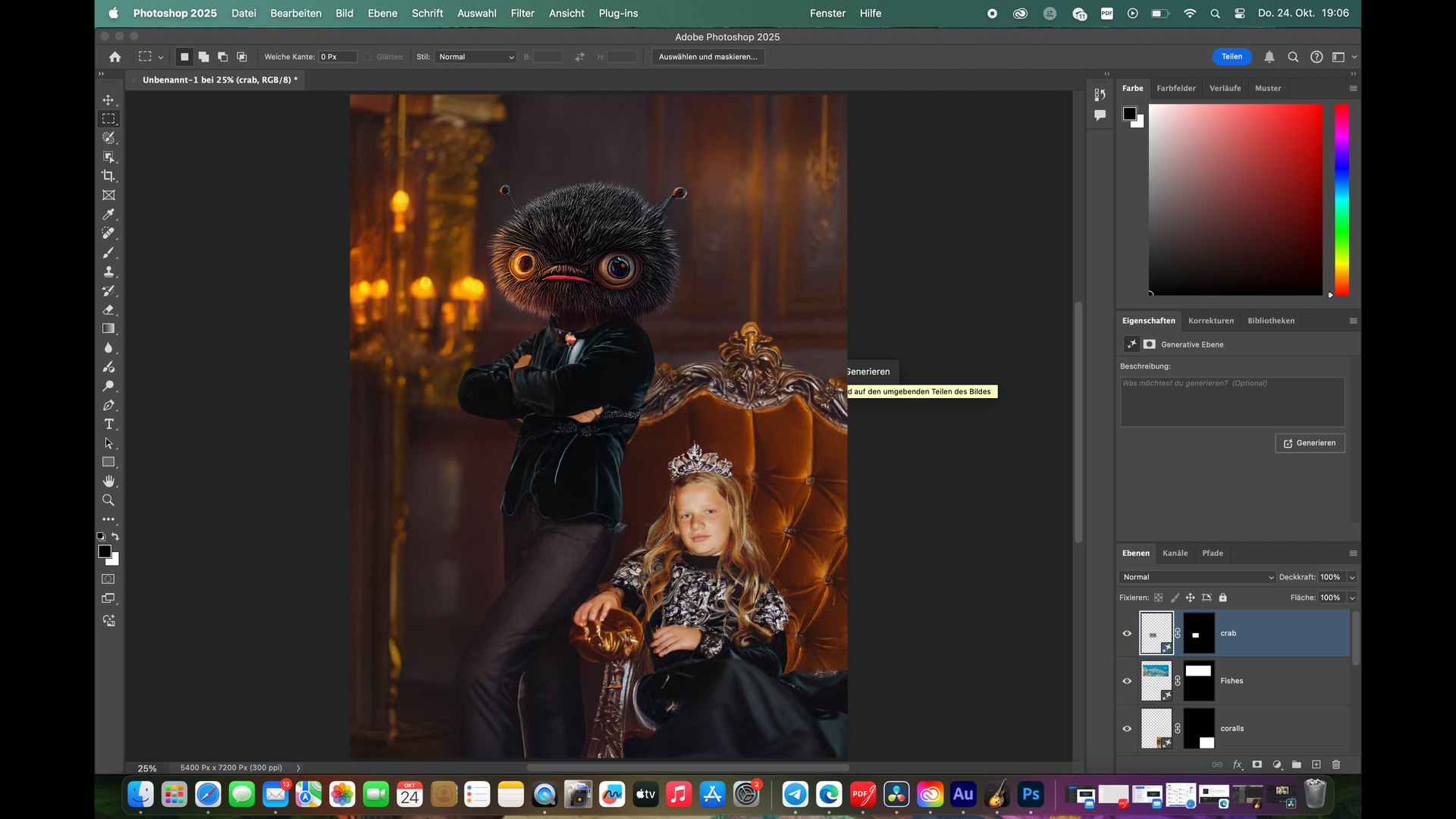 Screen recording of Photoshop: a generated image of a furry, big-eyed creature in a suit standing beside a child with a tiara seated on an ornate throne. CyberCindy (2025) by Nickii Schamborski.