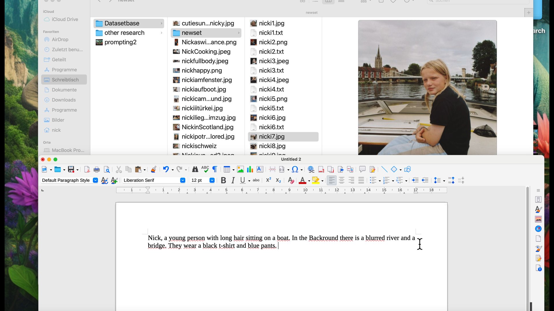Screen recording: a folder of childhood photos with caption text files, and a text editor describing one photo as a young person with long hair sitting on a boat. CyberCindy (2025) by Nickii Schamborski.