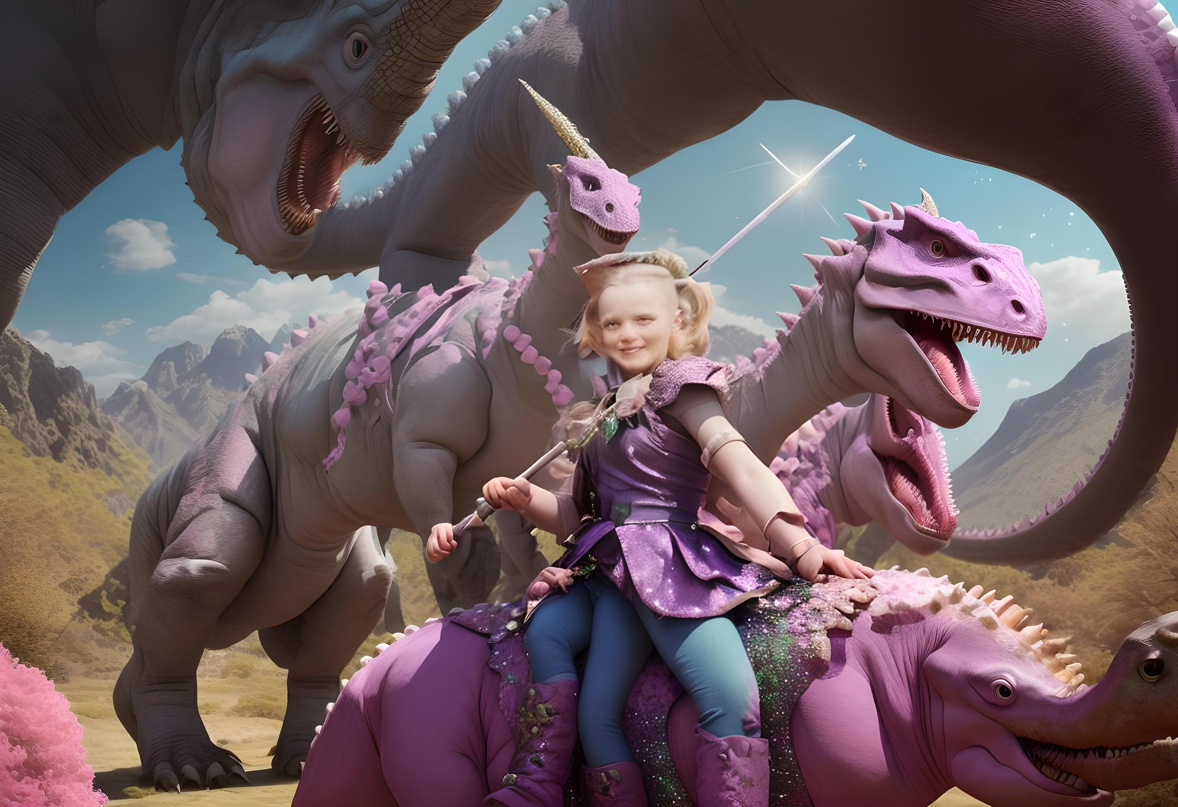 AI-generated image: a smiling child in purple armour holding a sword rides a purple dinosaur among other dinosaurs in a mountain landscape. CyberCindy (2025) by Nickii Schamborski.