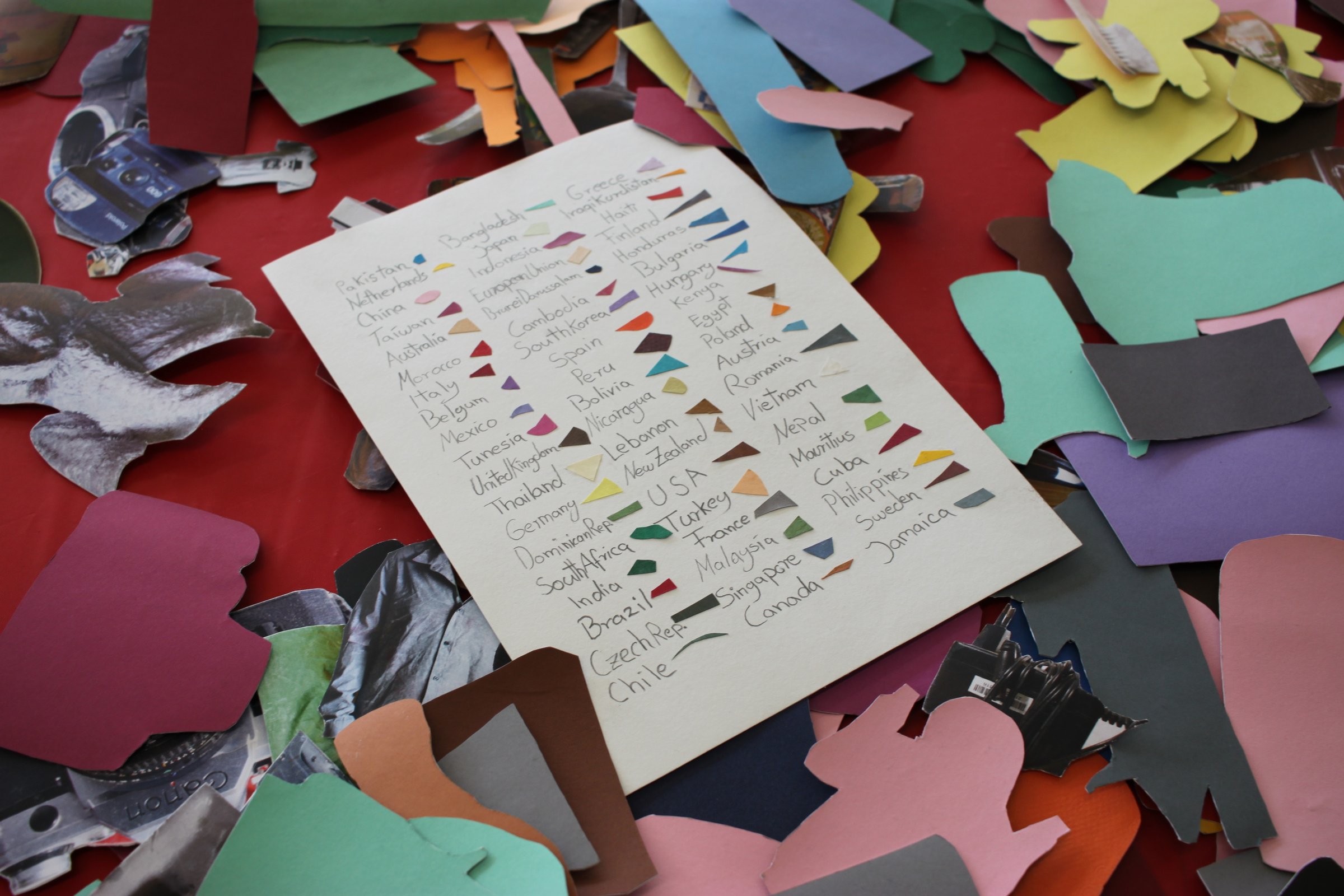 The handwritten colour legend of countries on a red tablecloth, surrounded by cut-out paper silhouettes. Entangled Responsibility (2016) by Nickii Schamborski.