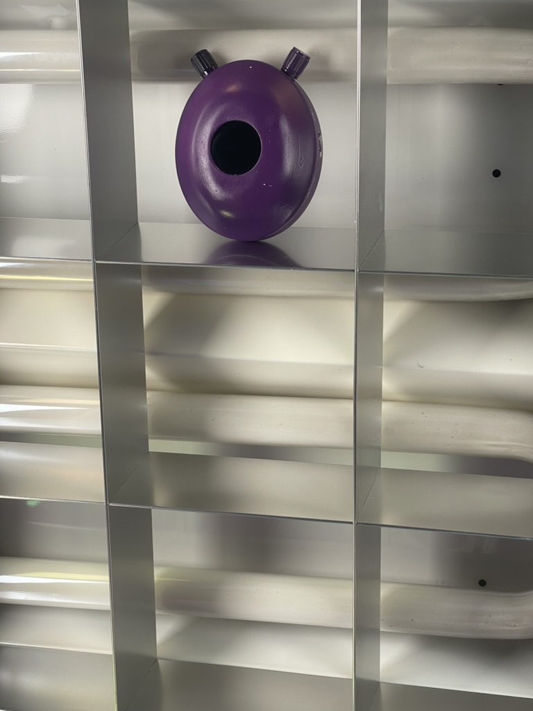 A purple disc-shaped device with two small knobs stands on a mirrored metal shelf. Funke (2026) by Nickii Schamborski.