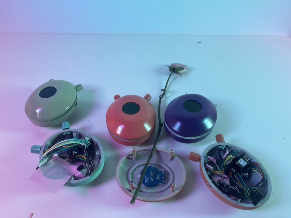 Six round devices on a table: three closed, in sage green, coral and purple, and three opened to show wiring and circuit boards; a dried rose lies between them. Funke (2026) by Nickii Schamborski.