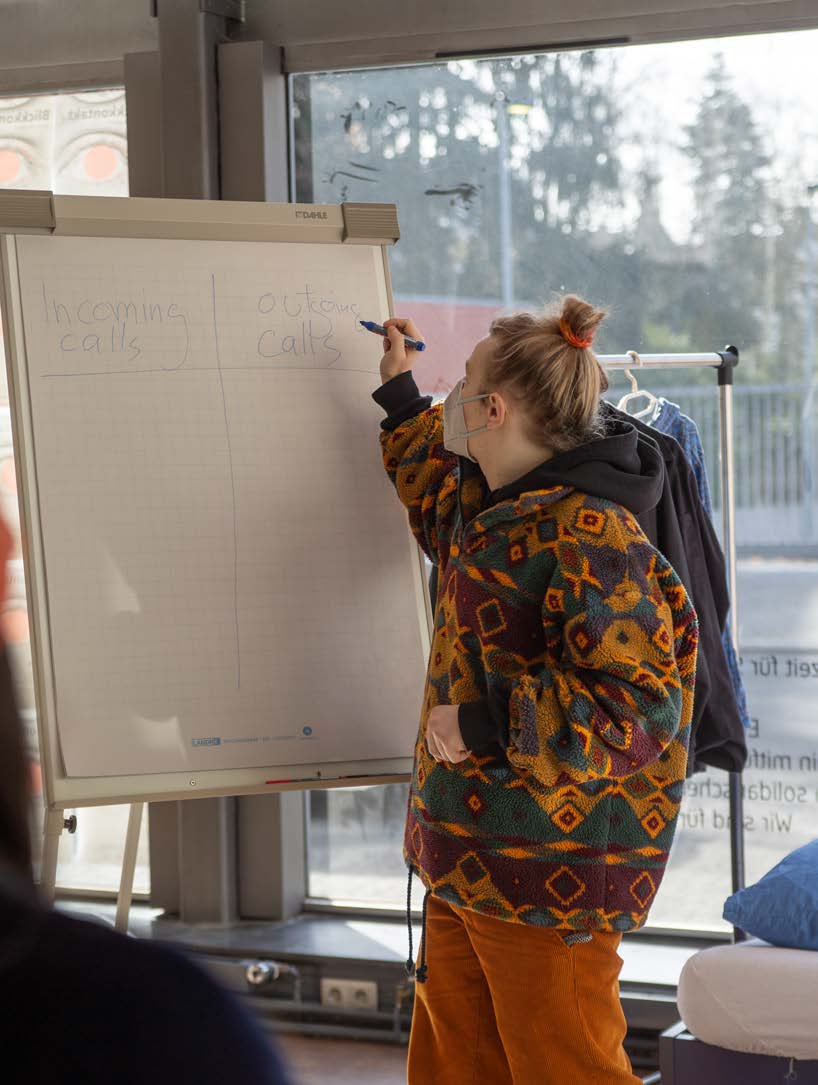 A person in a patterned fleece jacket writes on a flipchart divided into two columns. Kunstdienst (2022) by Nickii Schamborski.
