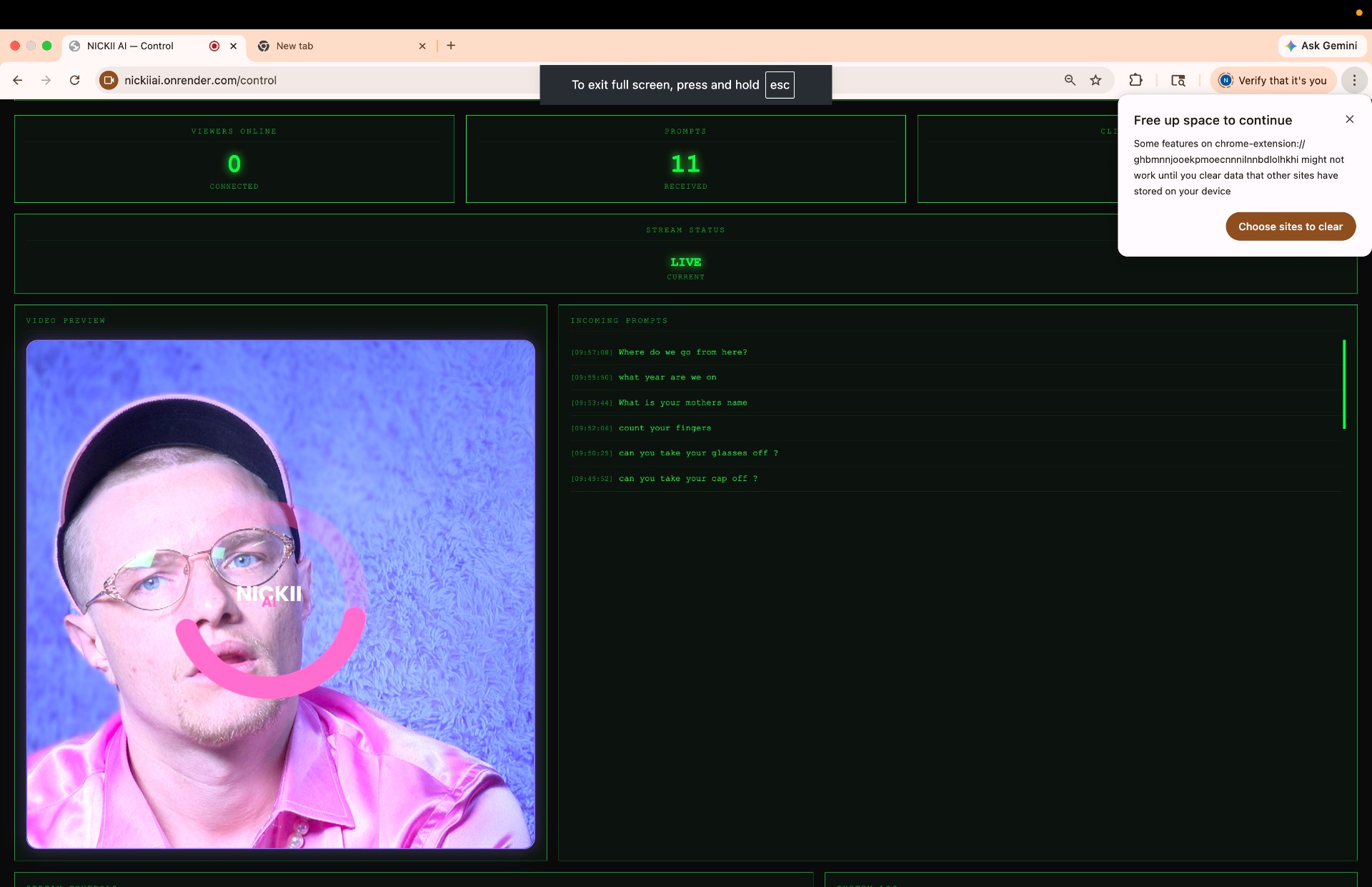 Browser window with a dark green control interface titled NICKII AI: a live video feed of a face in glasses and a cap with a pink loading ring, next to a list of incoming visitor questions. Performance: Nickii AI (2026) by Nickii Schamborski.