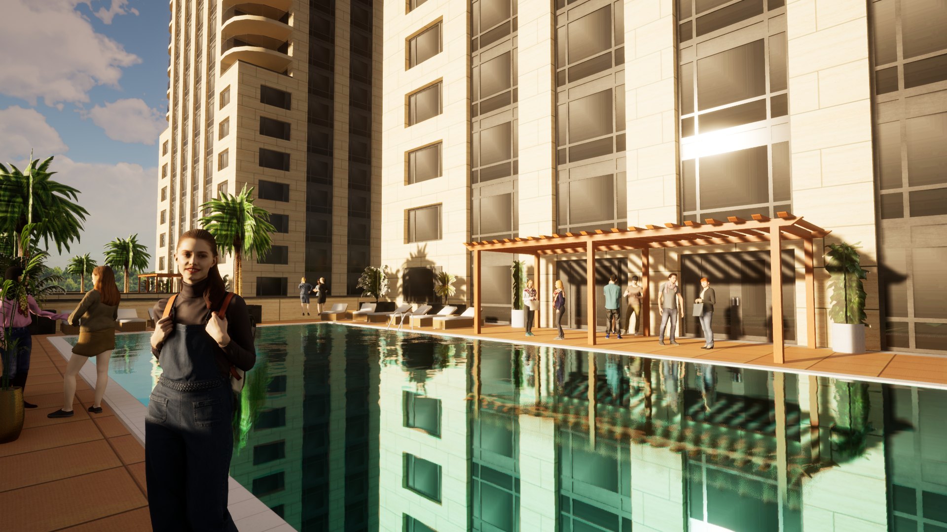 3D-rendered scene: the avatar stands beside a swimming pool in front of high-rise apartment buildings, other figures in the background. Represent (2022) by Nickii Schamborski.
