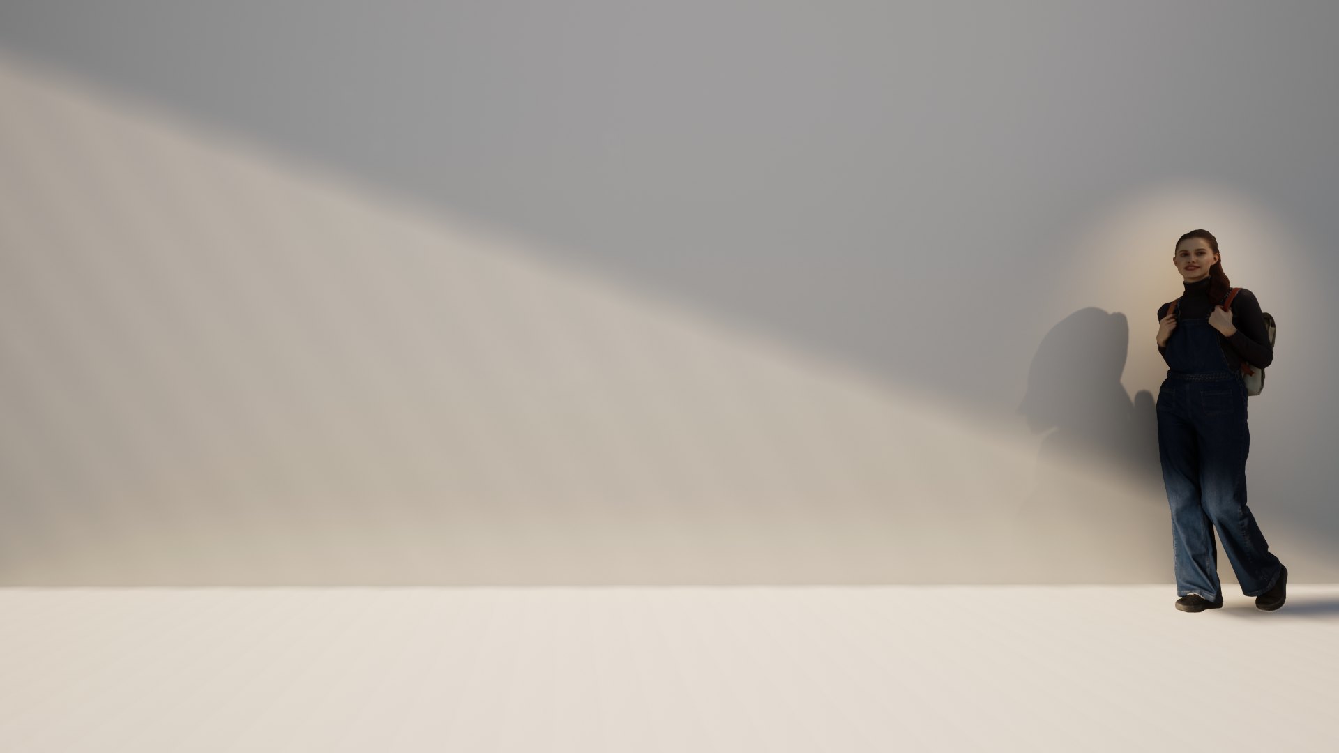 3D-rendered scene: a digital avatar with backpack and dungarees stands at the far right of an empty space, lit by a round spot of light on a grey wall. Represent (2022) by Nickii Schamborski.