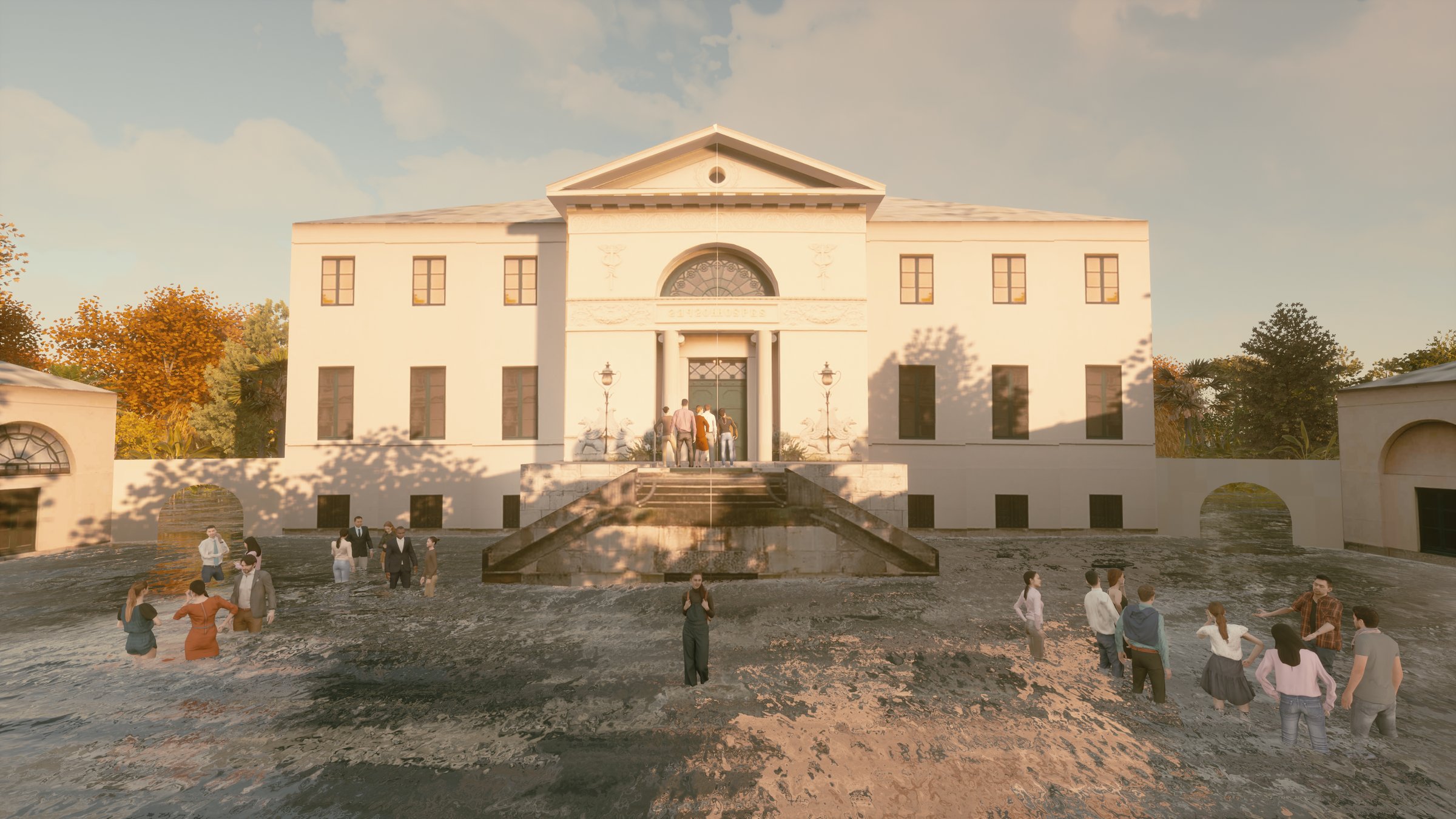 3D-rendered scene: a neoclassical villa surrounded by water, groups of figures standing in the flood in front of its entrance. Represent (2022) by Nickii Schamborski.
