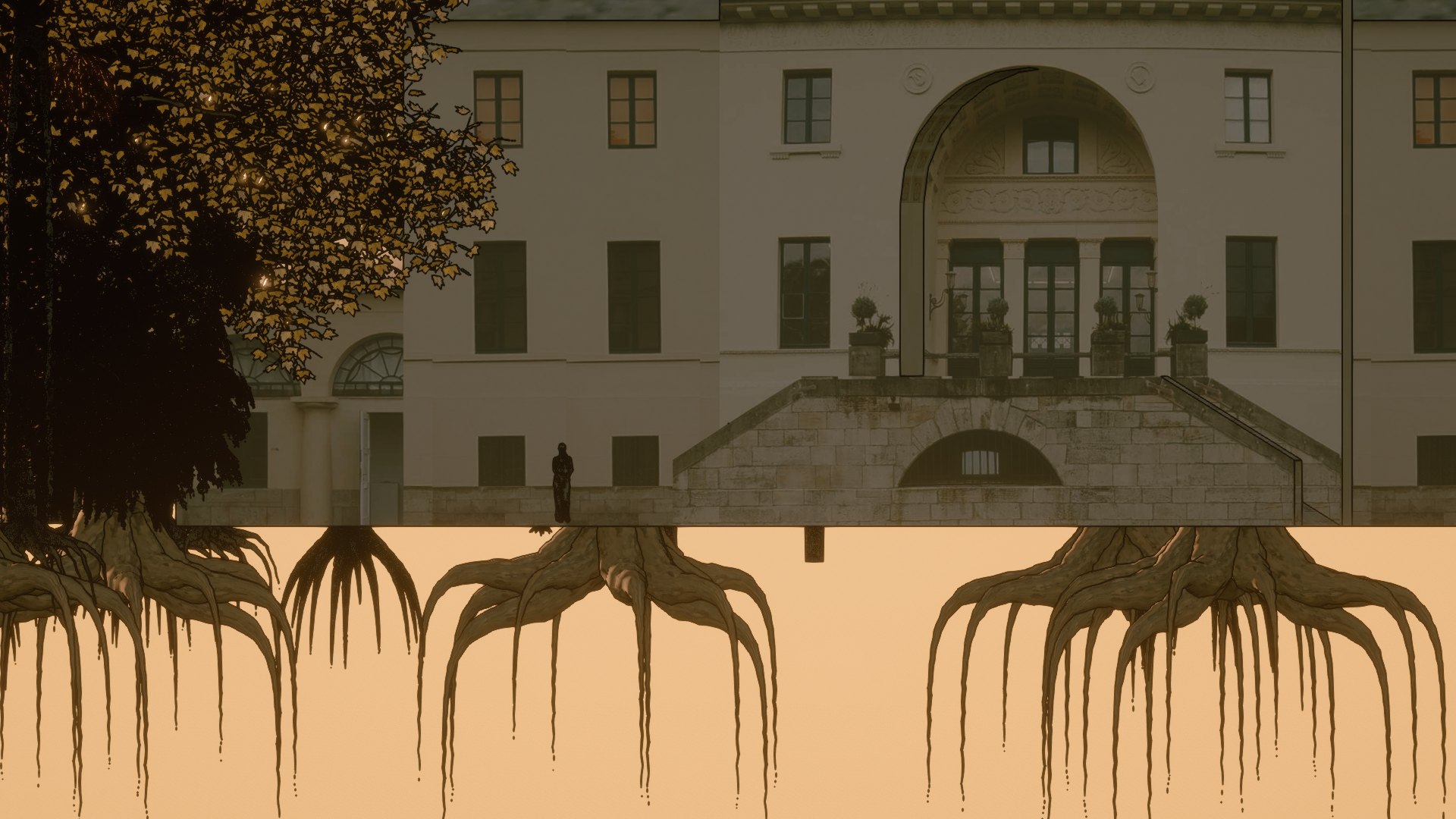 3D-rendered scene: a neoclassical villa stands on a cut-away block of ground, tree roots hanging beneath it into an empty orange space. Represent (2022) by Nickii Schamborski.