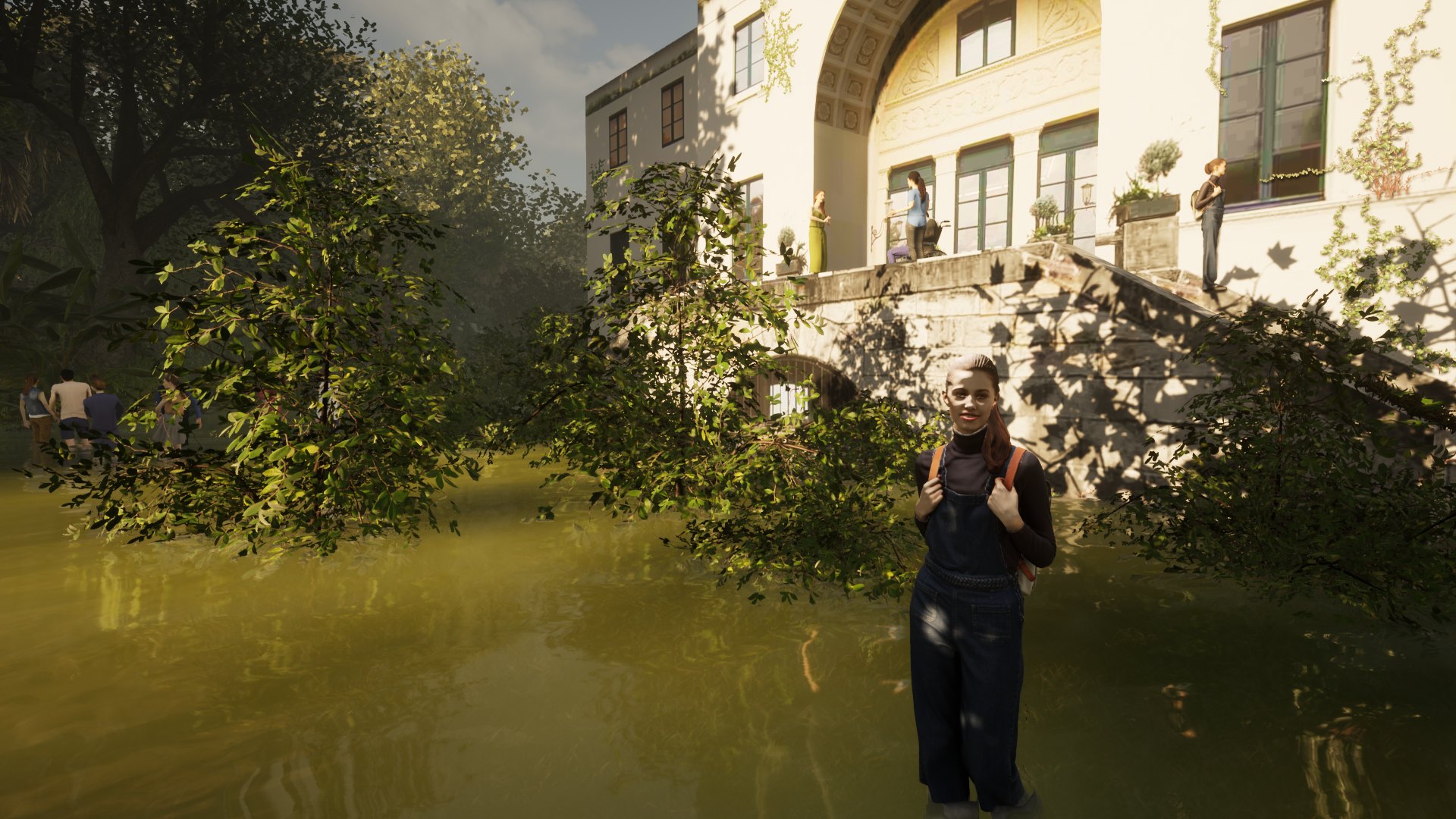 3D-rendered scene: the avatar stands in a flooded garden in front of a villa, where figures look down from the staircase. Represent (2022) by Nickii Schamborski.