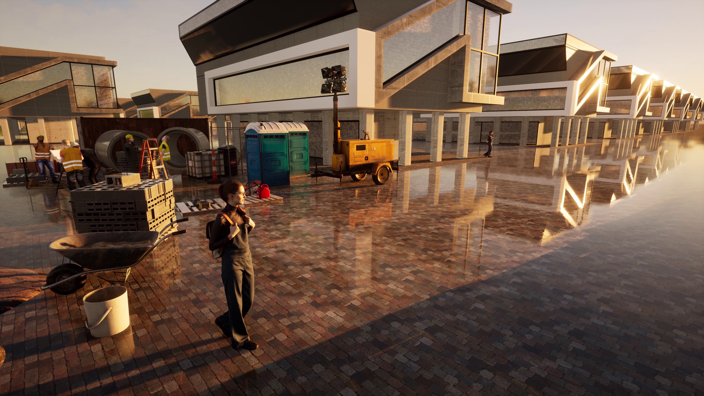 3D-rendered scene: the avatar stands on a wet paved construction site in front of a row of modern houses. Represent (2022) by Nickii Schamborski.