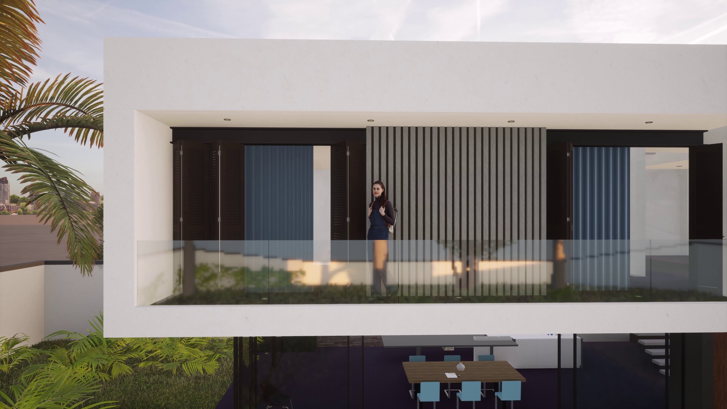 3D-rendered scene: the avatar stands small on the terrace of a white modernist villa with palm trees. Represent (2022) by Nickii Schamborski.