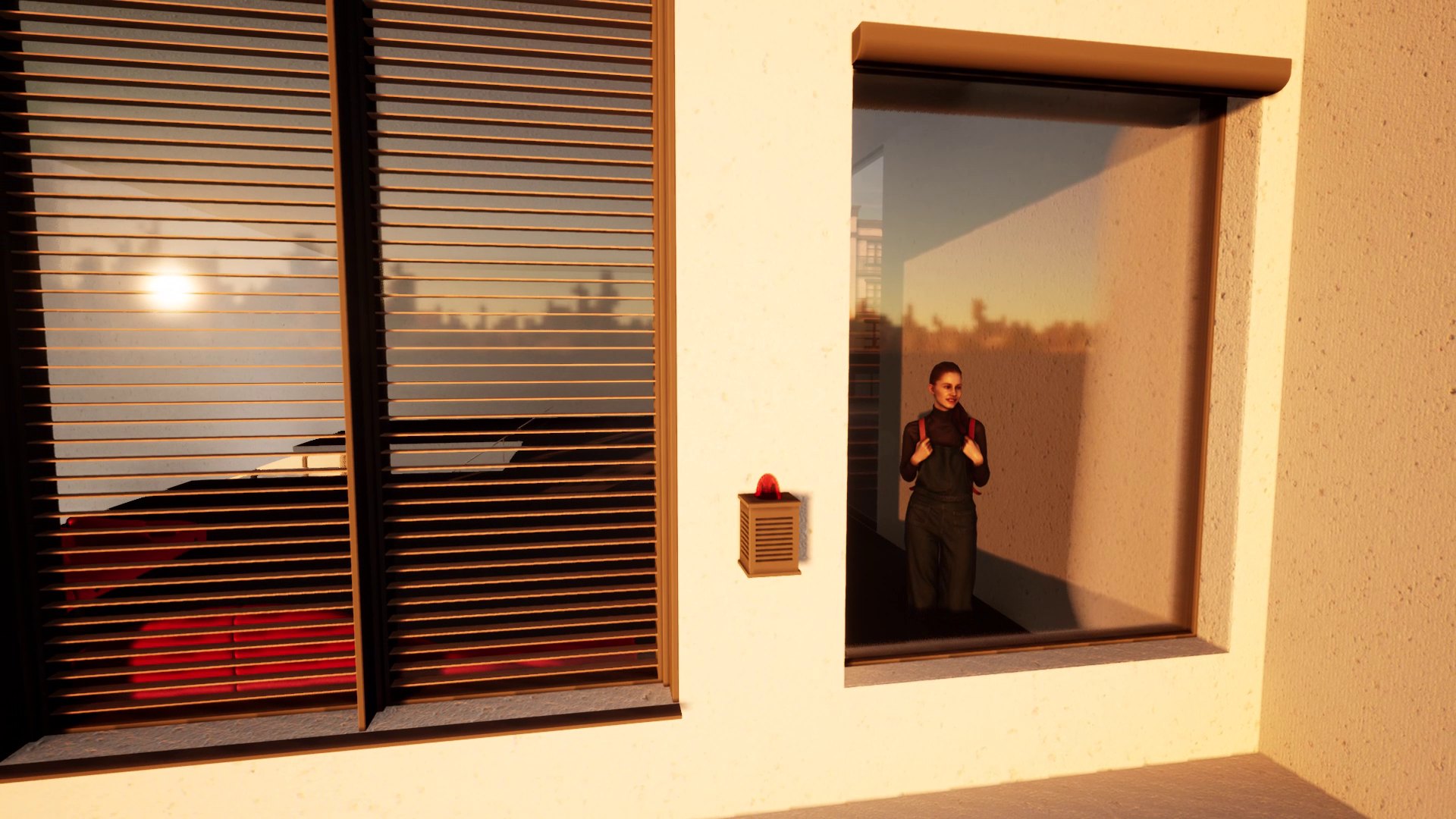 3D-rendered scene: the avatar is seen through the window of a sunlit house wall, next to a window with closed blinds reflecting the sunset. Represent (2022) by Nickii Schamborski.