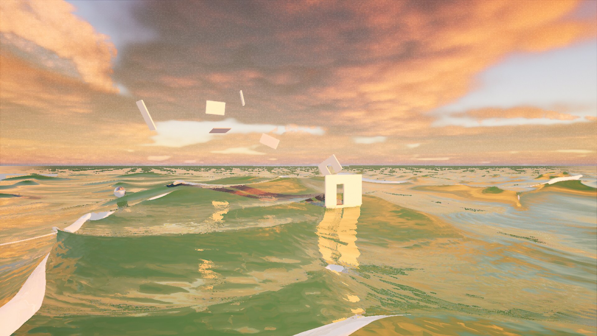 3D-rendered scene: a small white cube drifts on a stormy green sea under a sunset sky, sheets of paper flying around it. Represent (2022) by Nickii Schamborski.