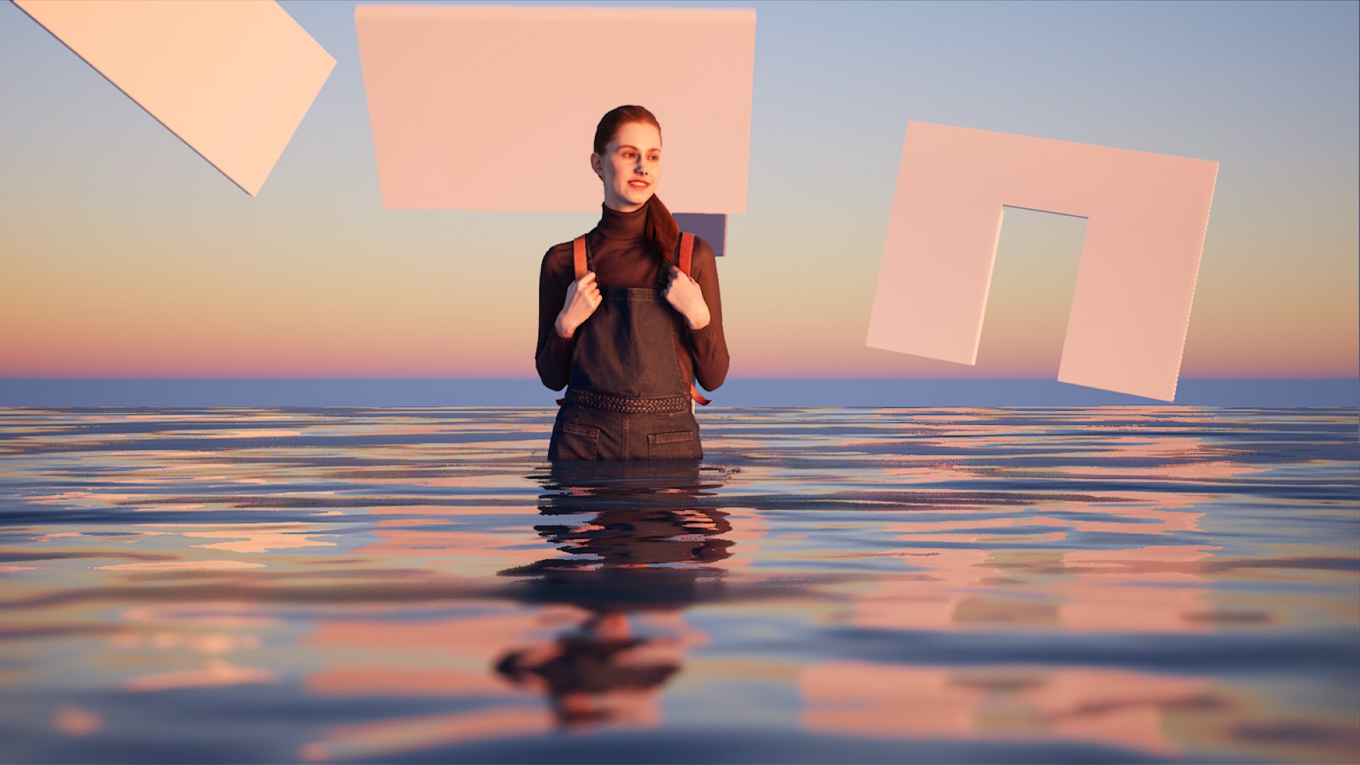 3D-rendered scene: the avatar stands in calm water at sunset while pink geometric wall fragments float in the sky. Represent (2022) by Nickii Schamborski.