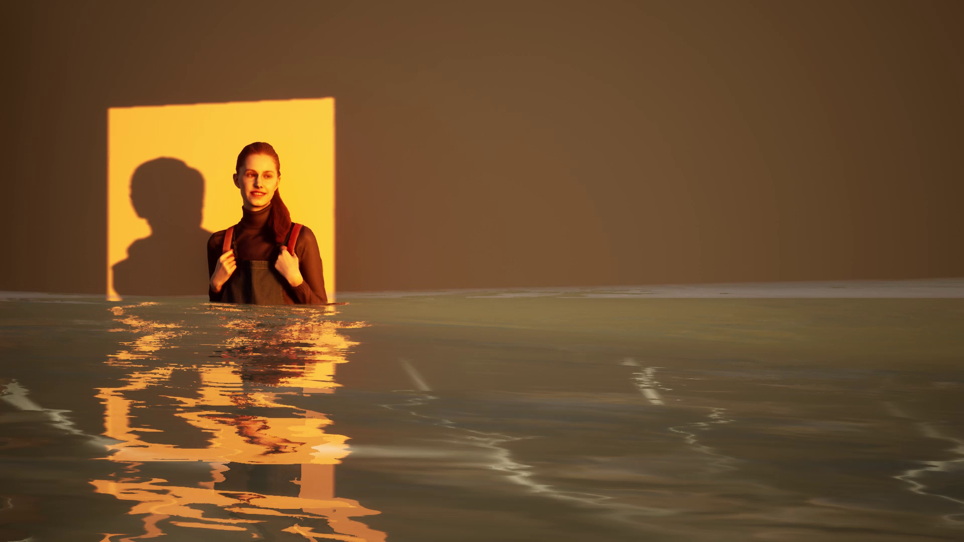 3D-rendered scene: the avatar stands waist-deep in water in front of a glowing orange wall panel. Represent (2022) by Nickii Schamborski.