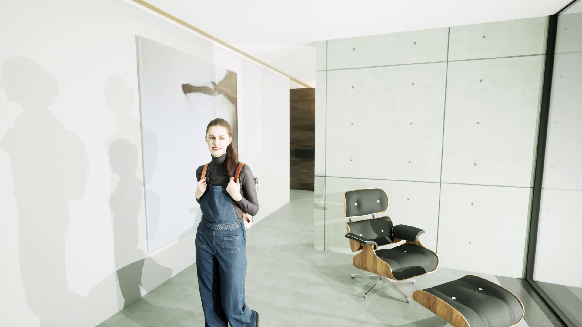 3D-rendered scene: the avatar stands in a bright modern interior with concrete walls, next to a designer lounge chair. Represent (2022) by Nickii Schamborski.