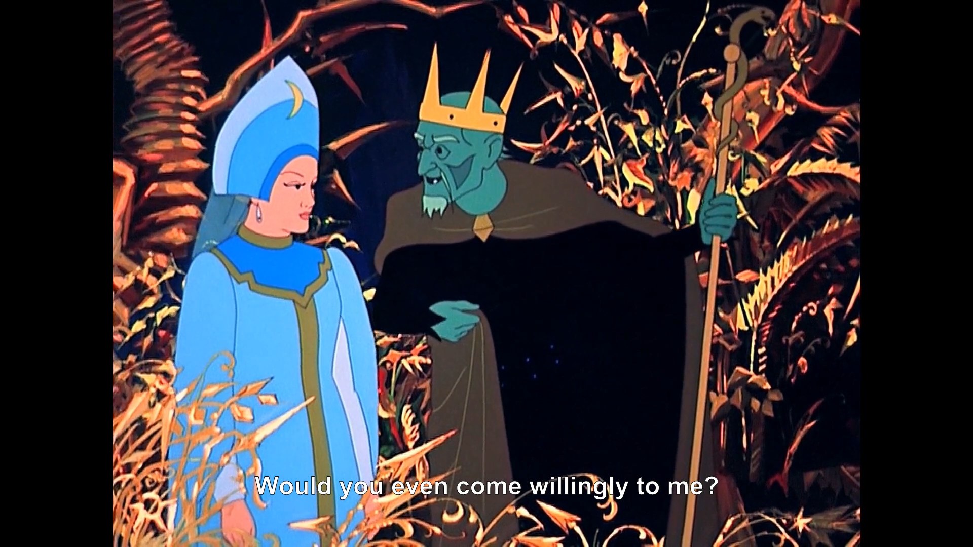Still from an animated fairy tale: a woman in a blue robe and headdress faces a green-skinned king with crown and staff. Subtitle: 'Would you even come willingly to me?' Anastasiia (2024) by Nickii Schamborski.