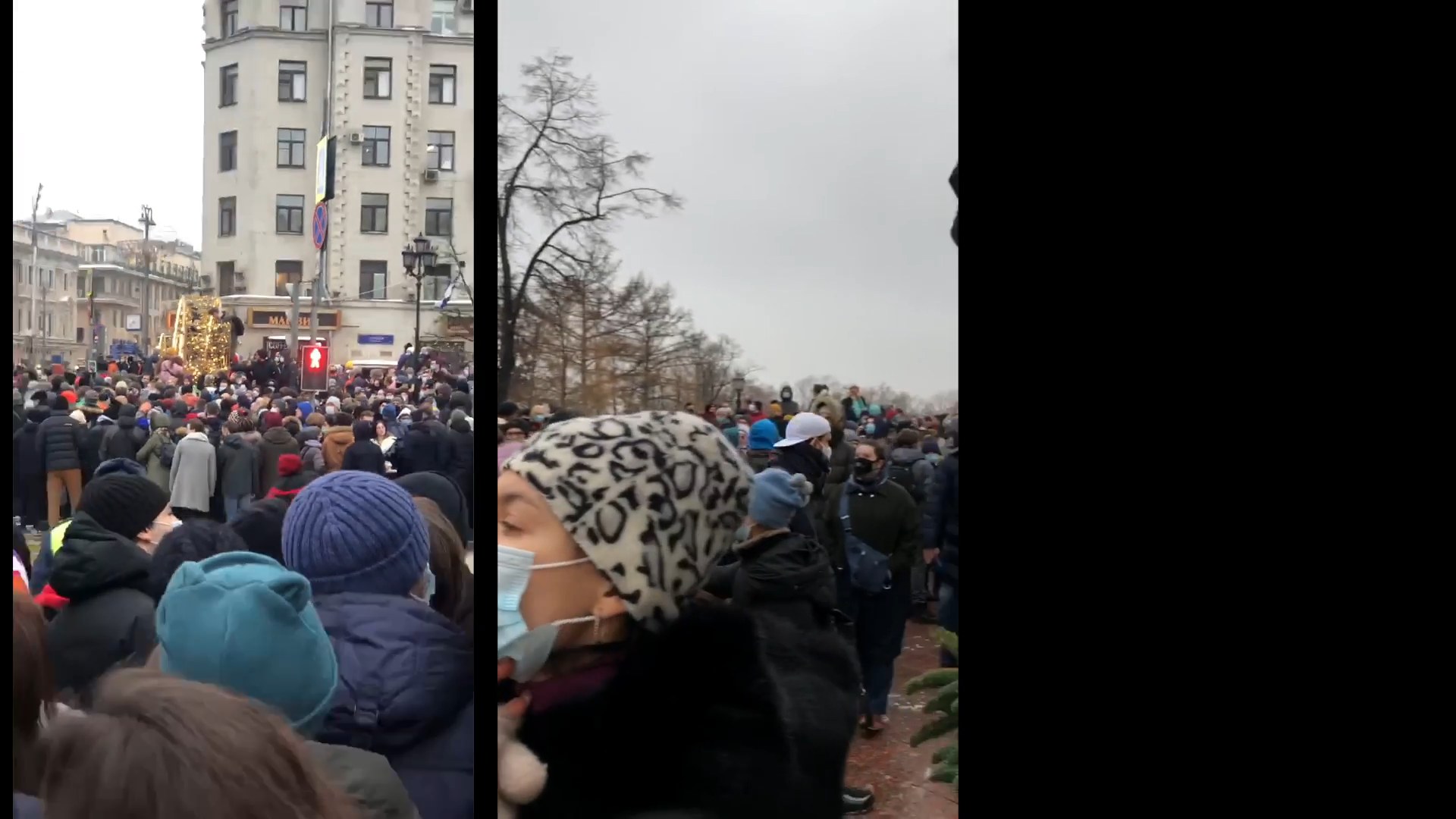 Two vertical phone videos side by side showing a dense crowd in winter clothes and face masks on a city street. Anastasiia (2024) by Nickii Schamborski.