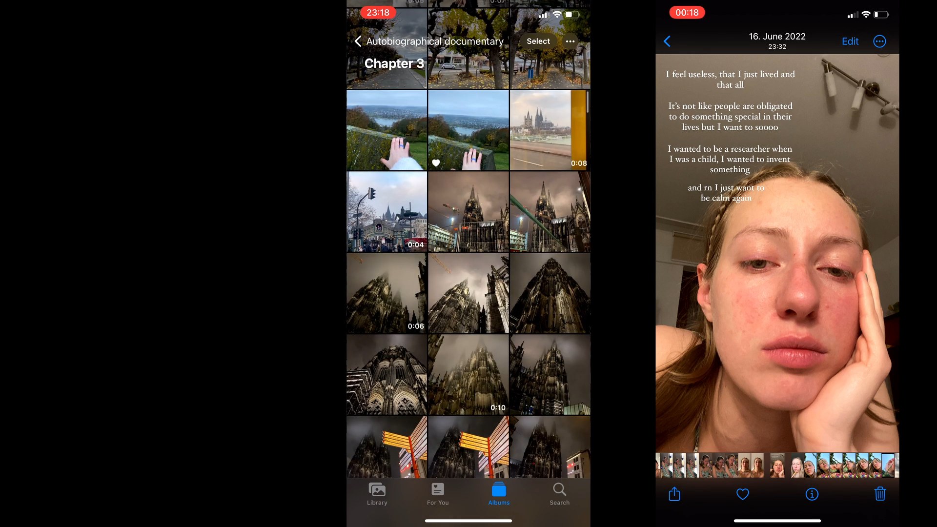 Two phone screens: a photo album titled 'Autobiographical documentary, Chapter 3' and a selfie of a person resting their head on their hand, overlaid with text. Anastasiia (2024) by Nickii Schamborski.