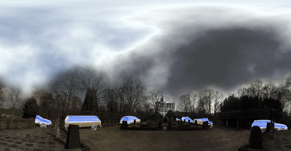 360° panorama of a park with bare trees and a castle under dark clouds; chrome-blue 3D-rendered cars stand on the ground. Wolfsburg 1933-1945 (2018) by Nickii Schamborski.