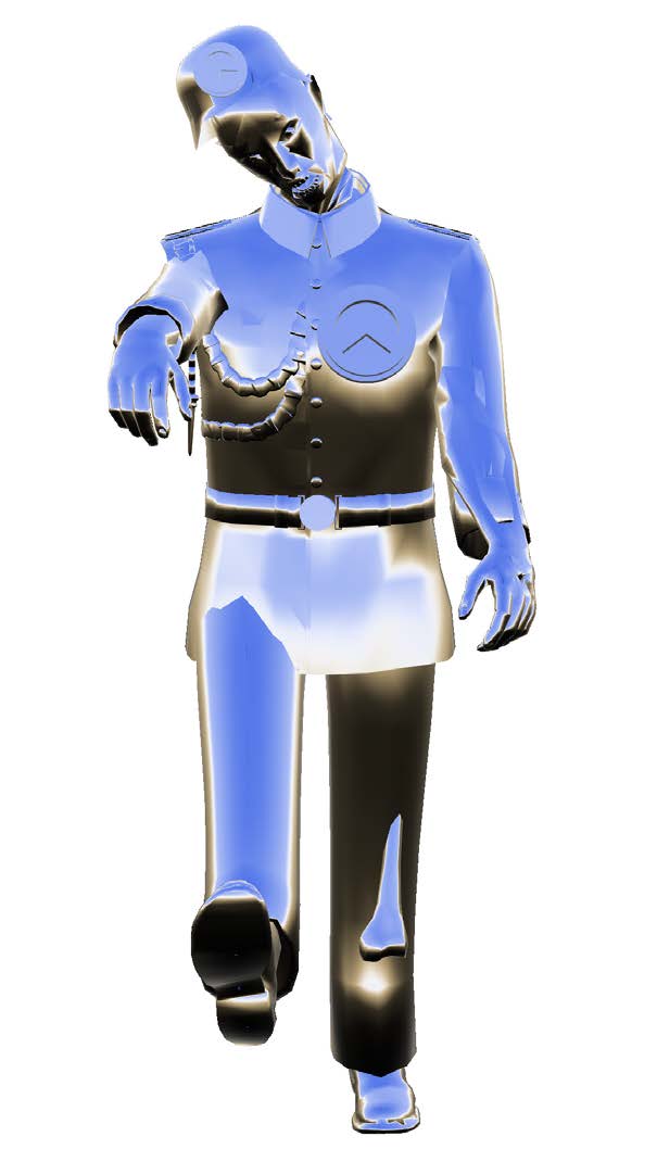 3D-rendered figure of a man in uniform with a chrome-blue reflective surface, head tilted, walking forward on a white background. Wolfsburg 1933-1945 (2018) by Nickii Schamborski.